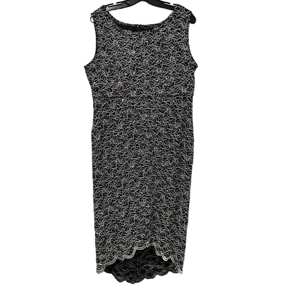 Blu Sage‎ Dress Size 16 Black Silver Cocktail Sequins Metallic Threads Hi Lo Hem